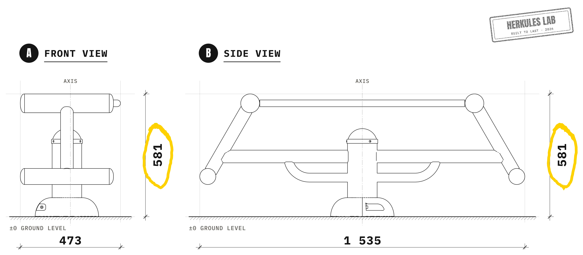 Simple Abs Bench - Outdoor Fitness Equipment — Dimensioned drawing