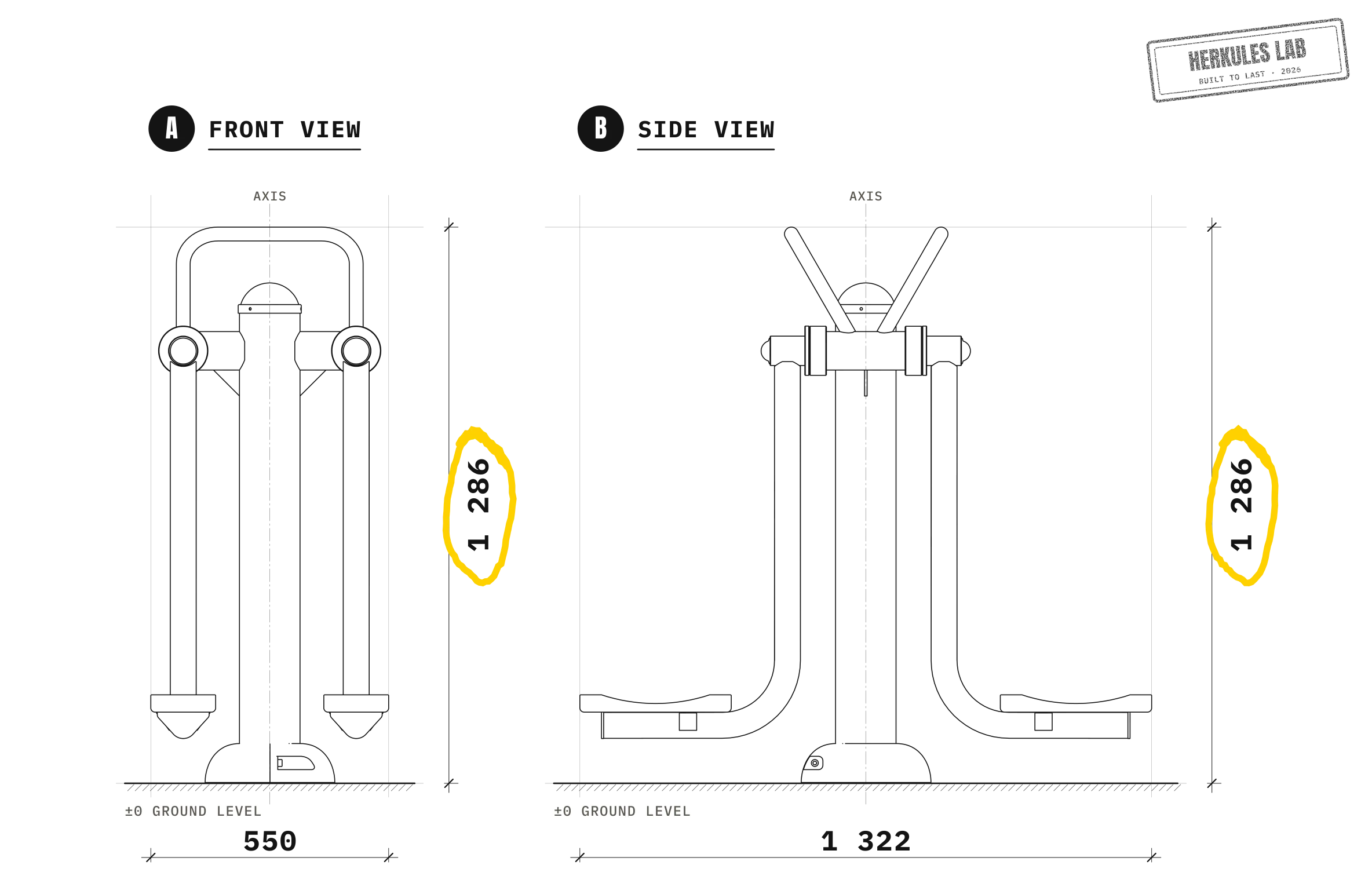 Adductor - Outdoor Fitness Equipment — Dimensioned drawing