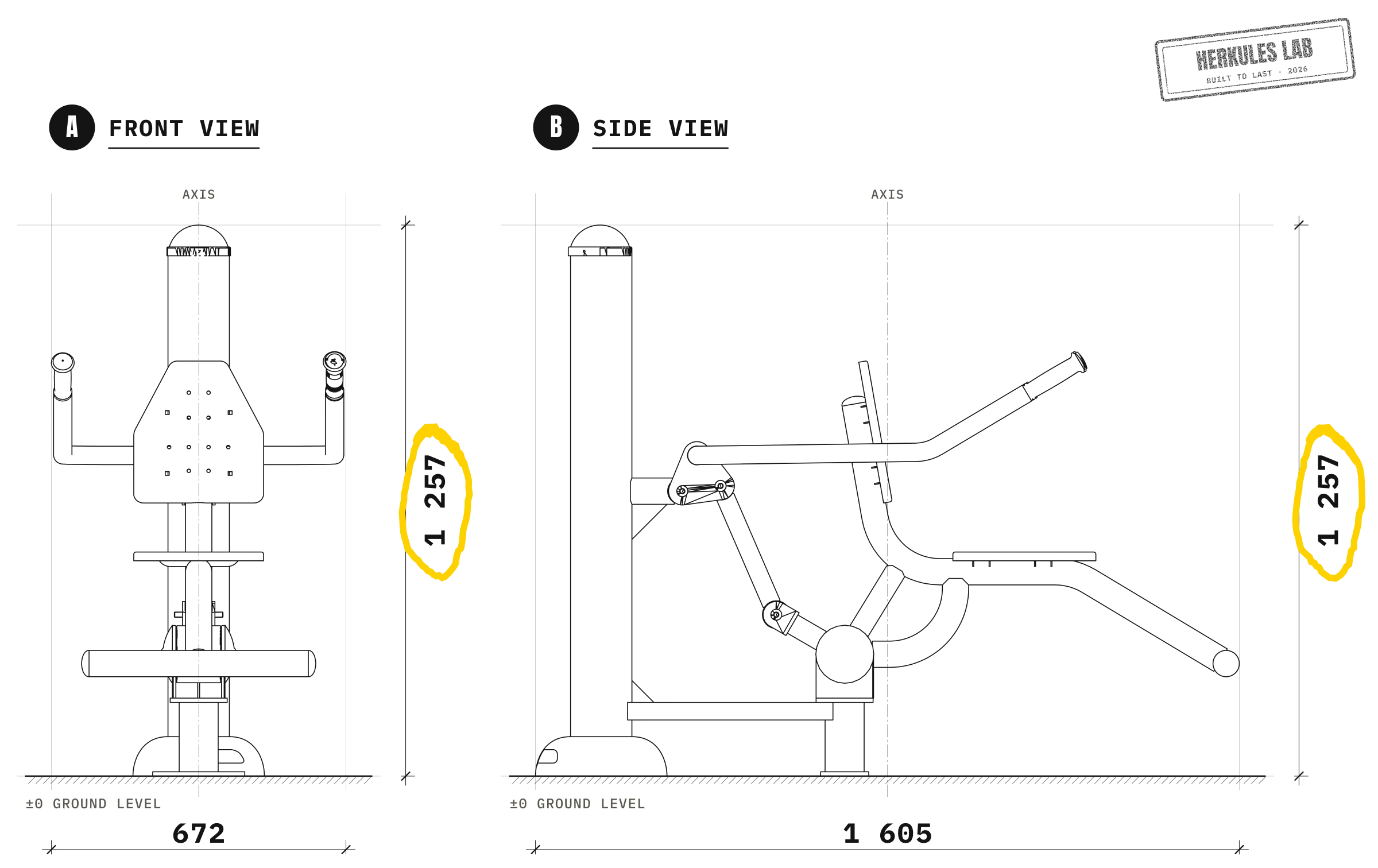 Low Row Outdoor Machine — Dimensioned drawing