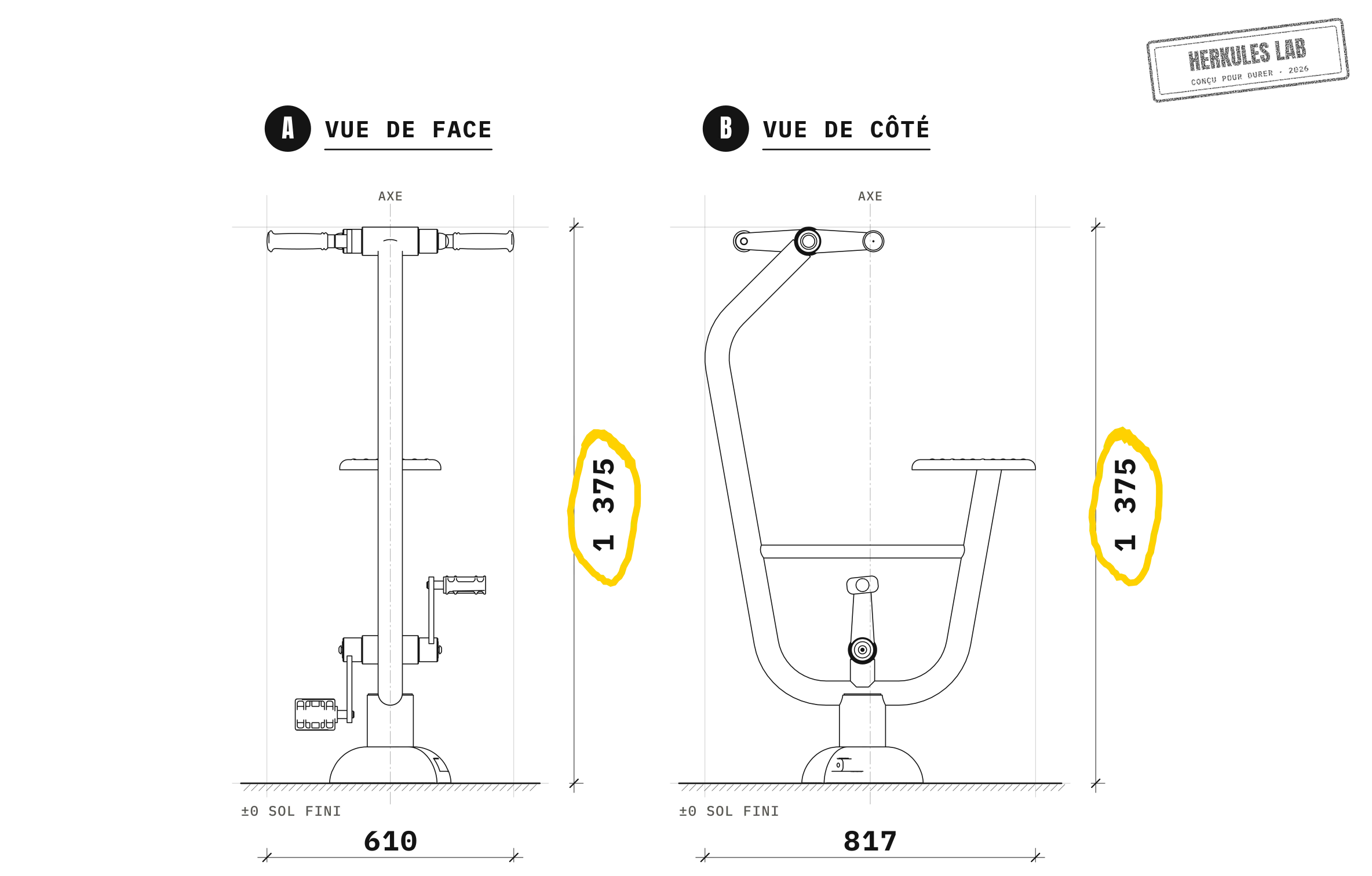 Vélo Bras extérieur - Appareil de Fitness — Plan coté