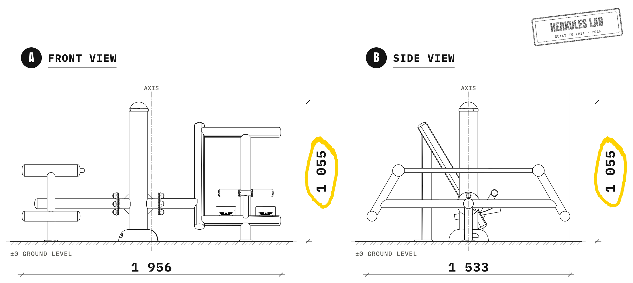 Abdos + Lombaires Bench - Outdoor Fitness Equipment — Dimensioned drawing