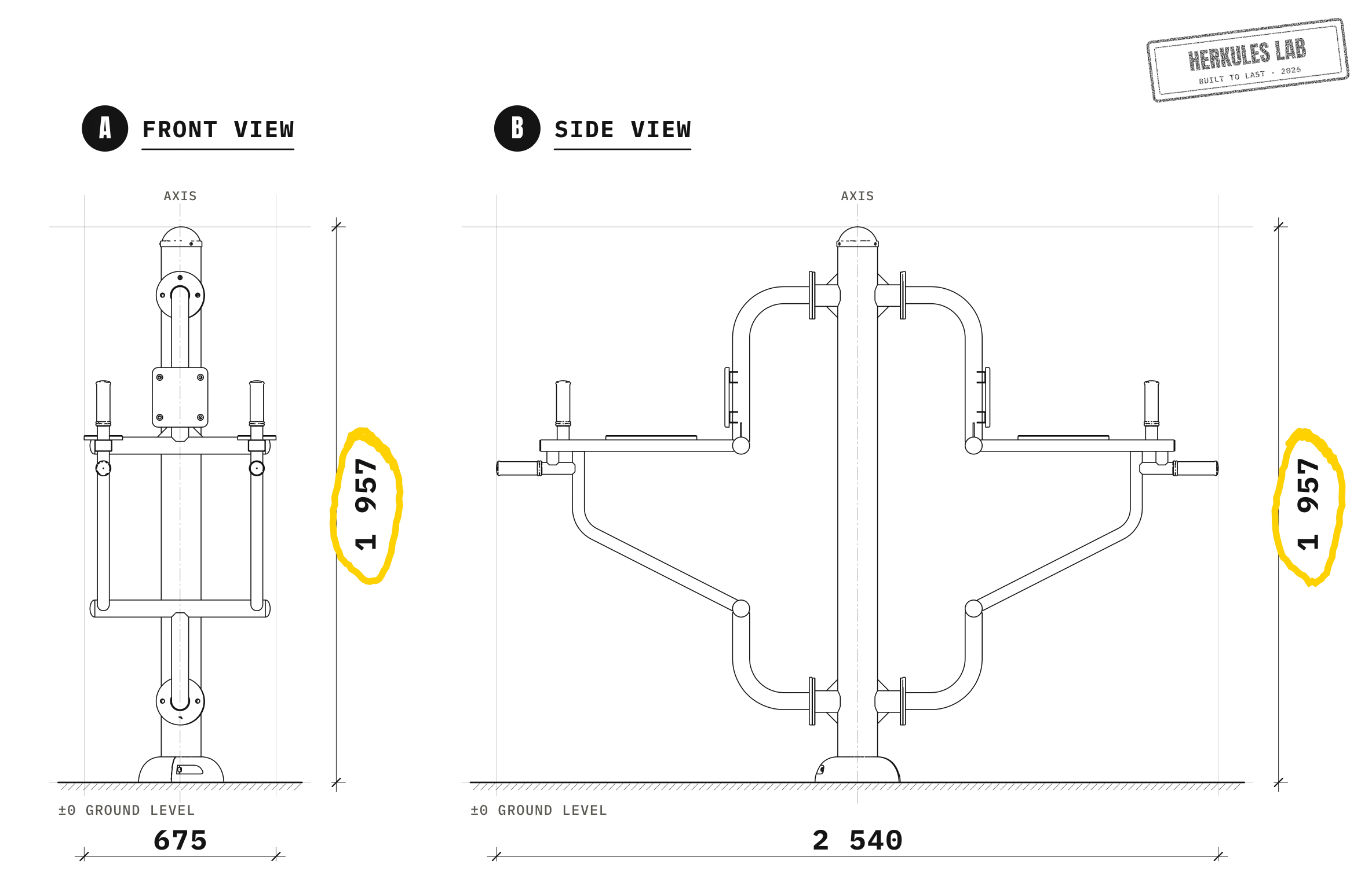 Chaise Romaine Extérieur - Outdoor Fitness Equipment — Dimensioned drawing