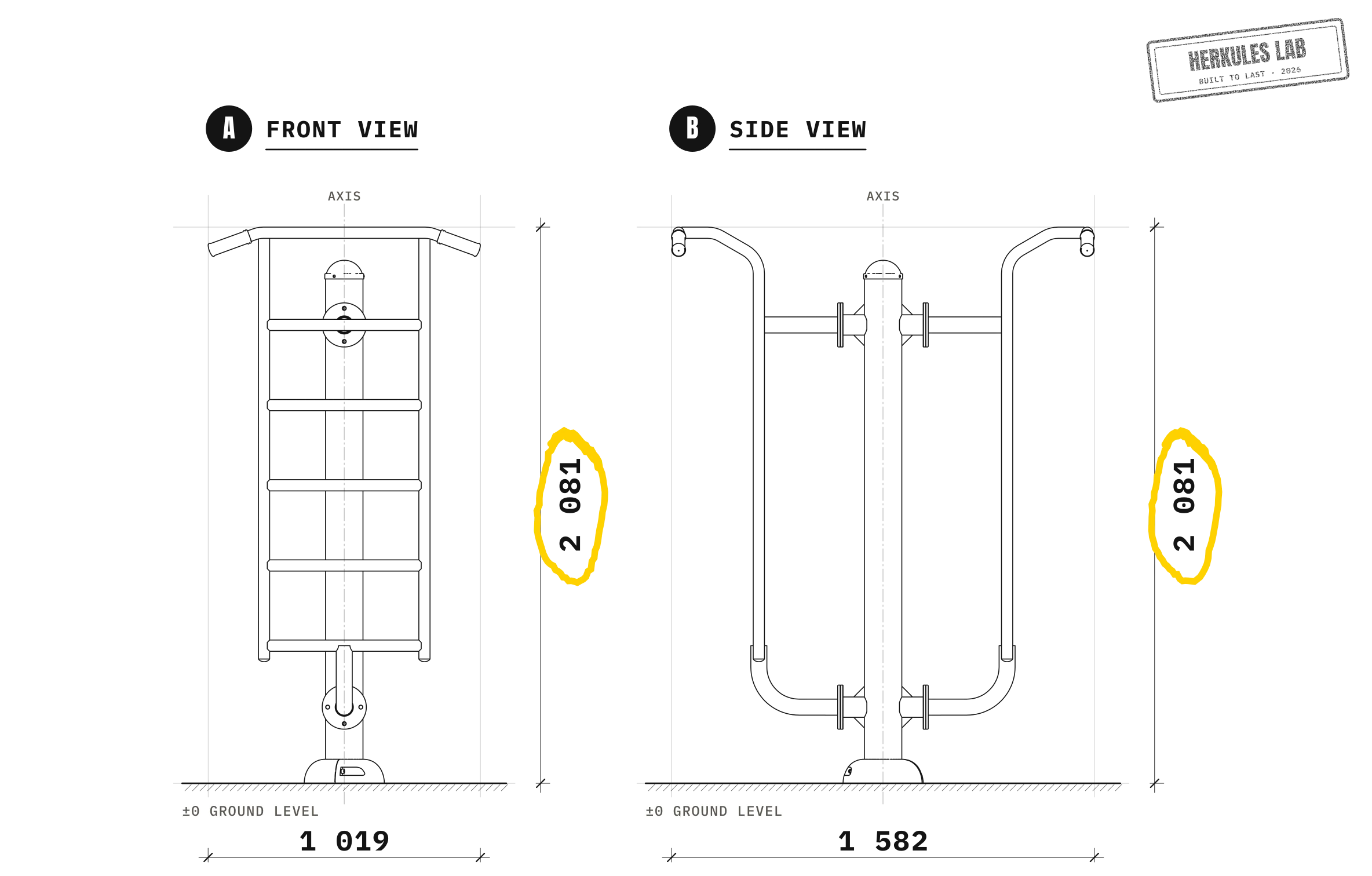 Double Traction Ladder - Outdoor Fitness Equipment — Dimensioned drawing