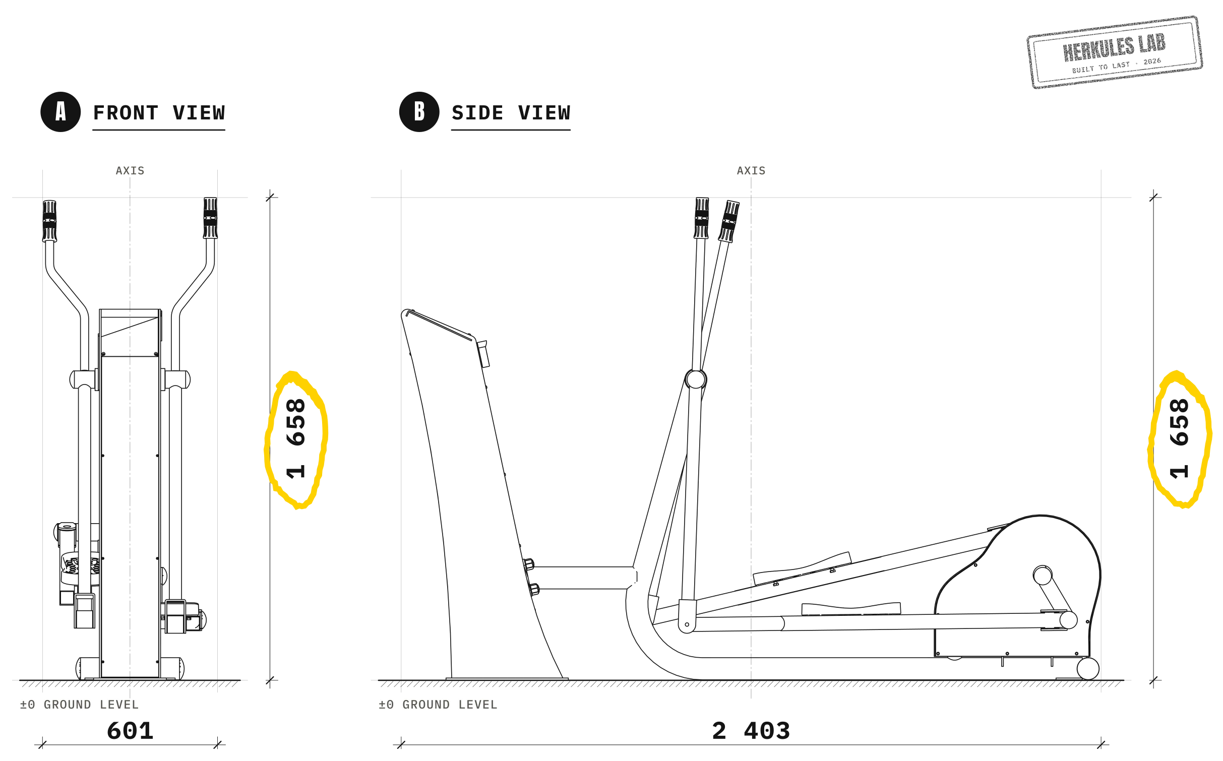 Elliptical Bike with USB Charging | Herkules Fitness — Dimensioned drawing