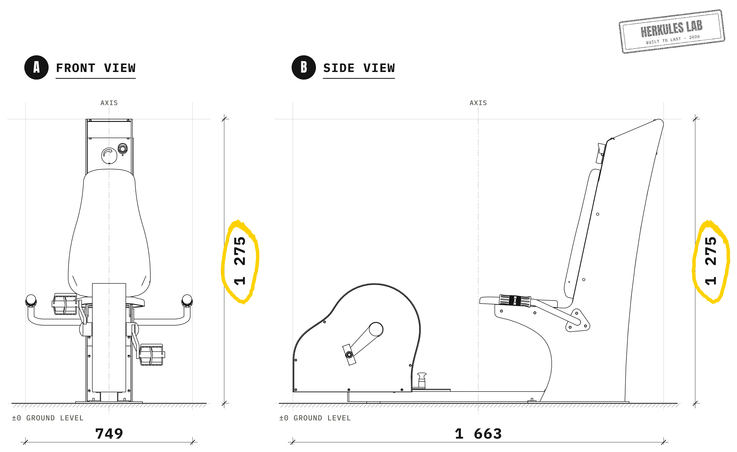 Bike - Fitness equipment with USB charging — Dimensioned drawing