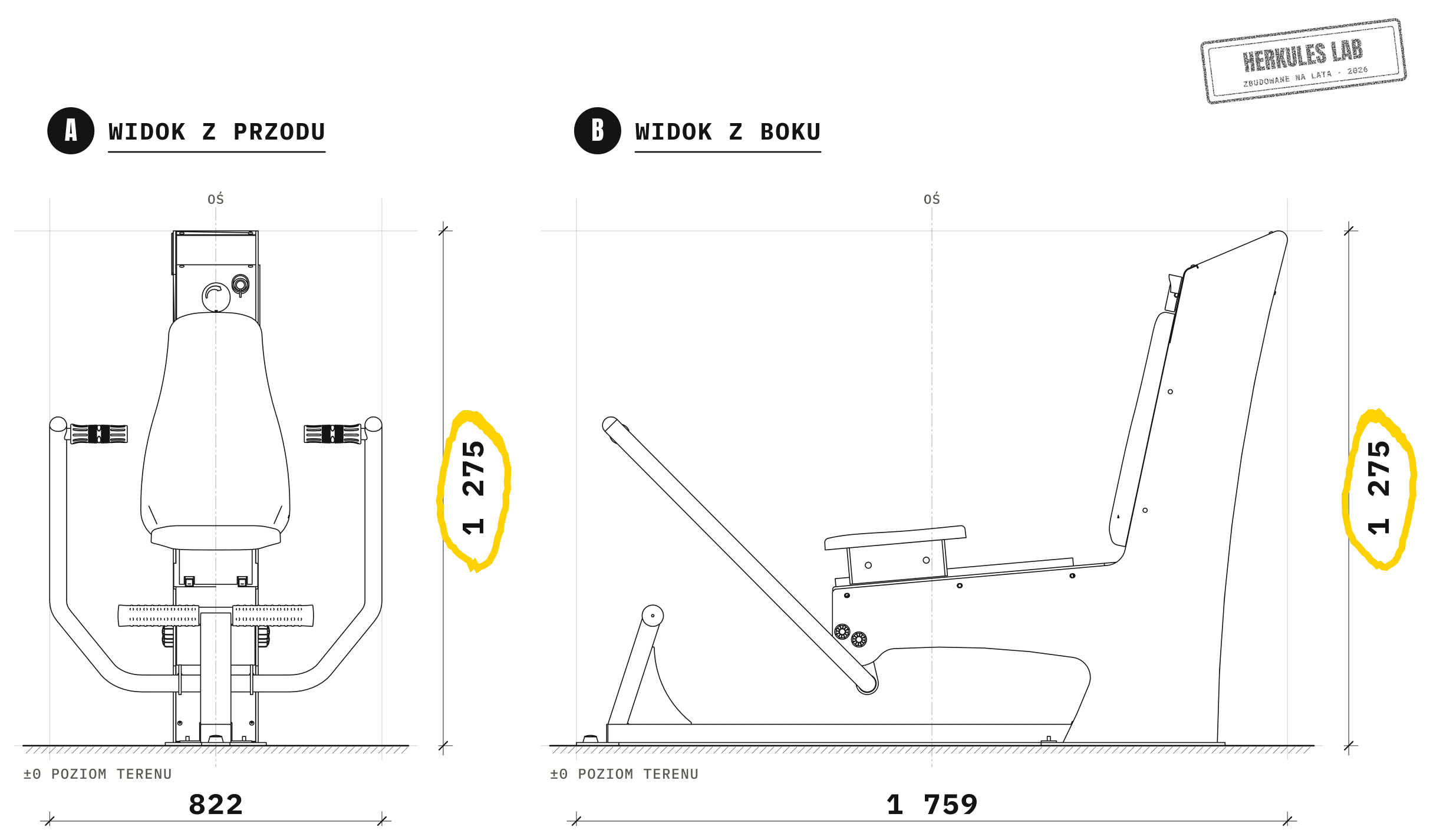 Rameur - Sprzęt fitness z ładowaniem przez USB — Rysunek wymiarowy