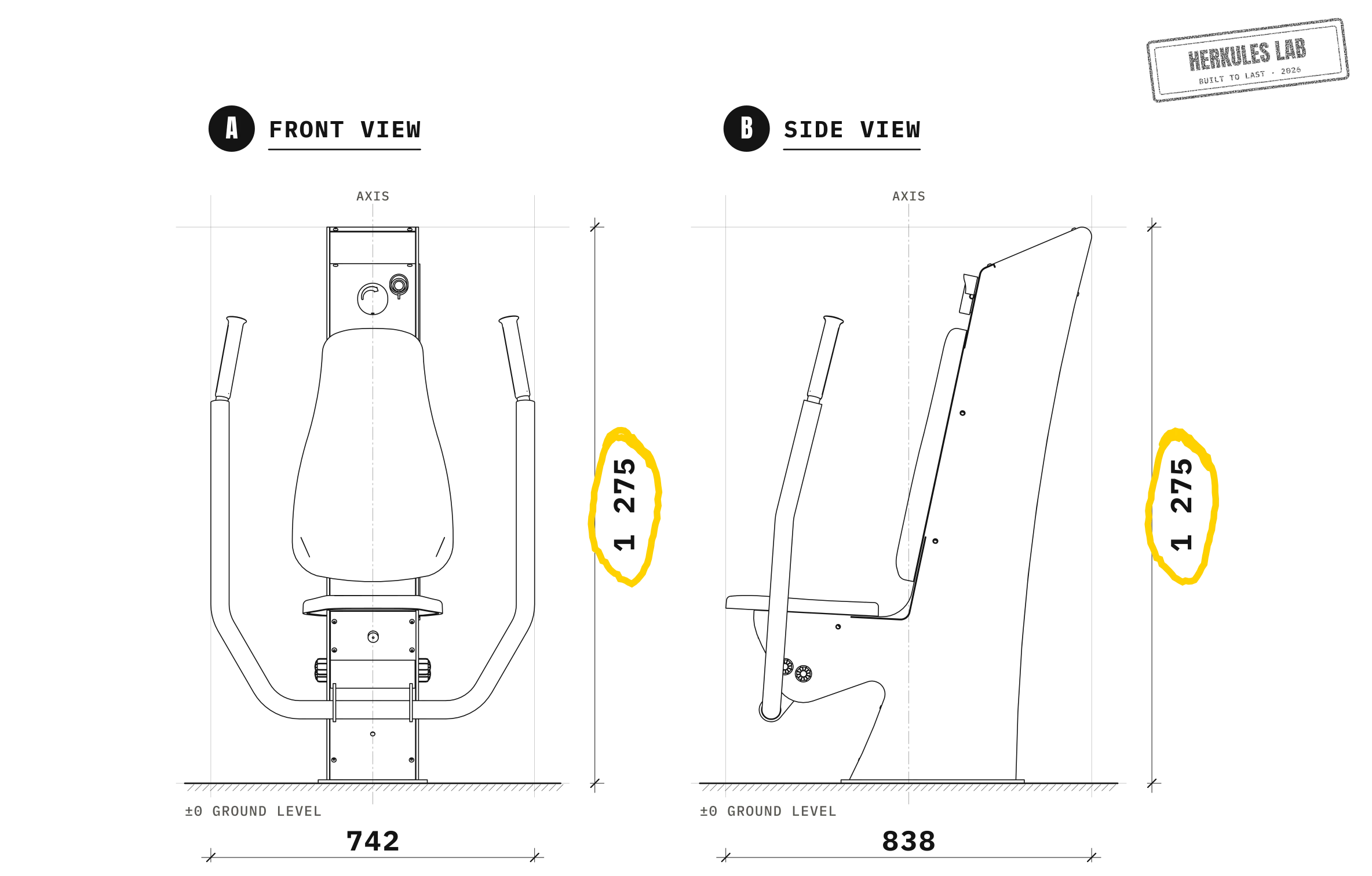 Pectorale Press - Fitness equipment with USB charging — Dimensioned drawing