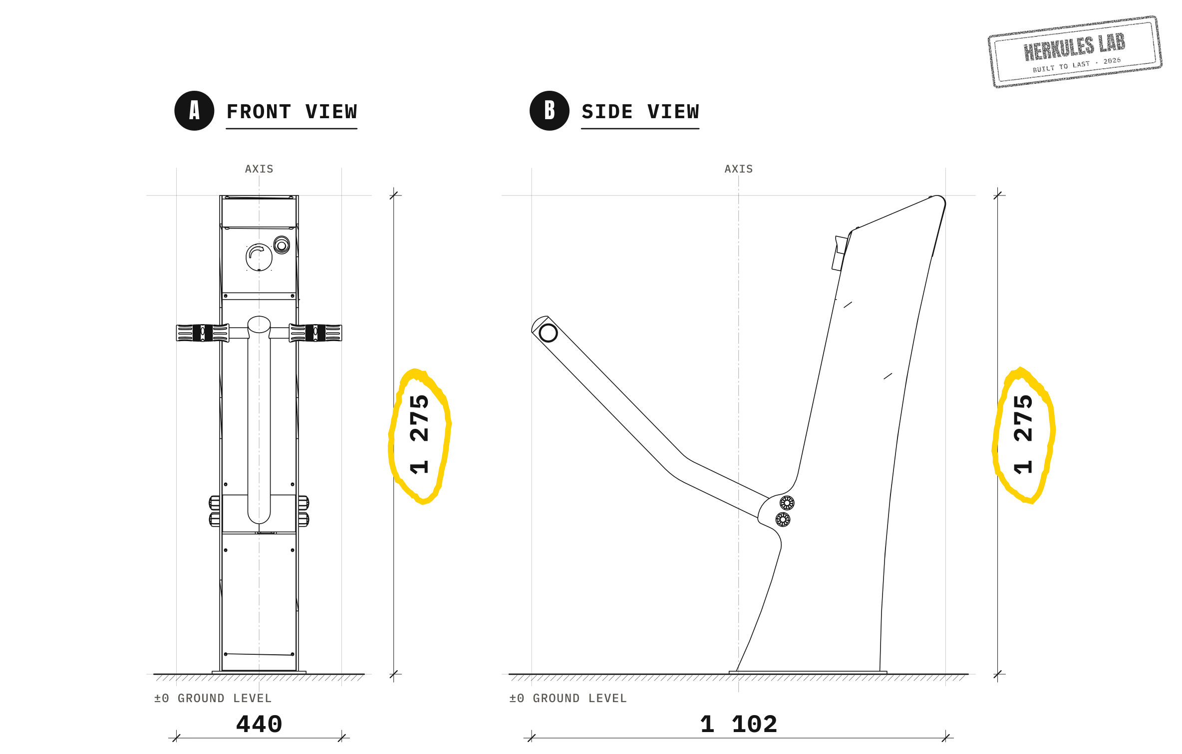 Dead Lift - Fitness equipment with USB charging — Dimensioned drawing