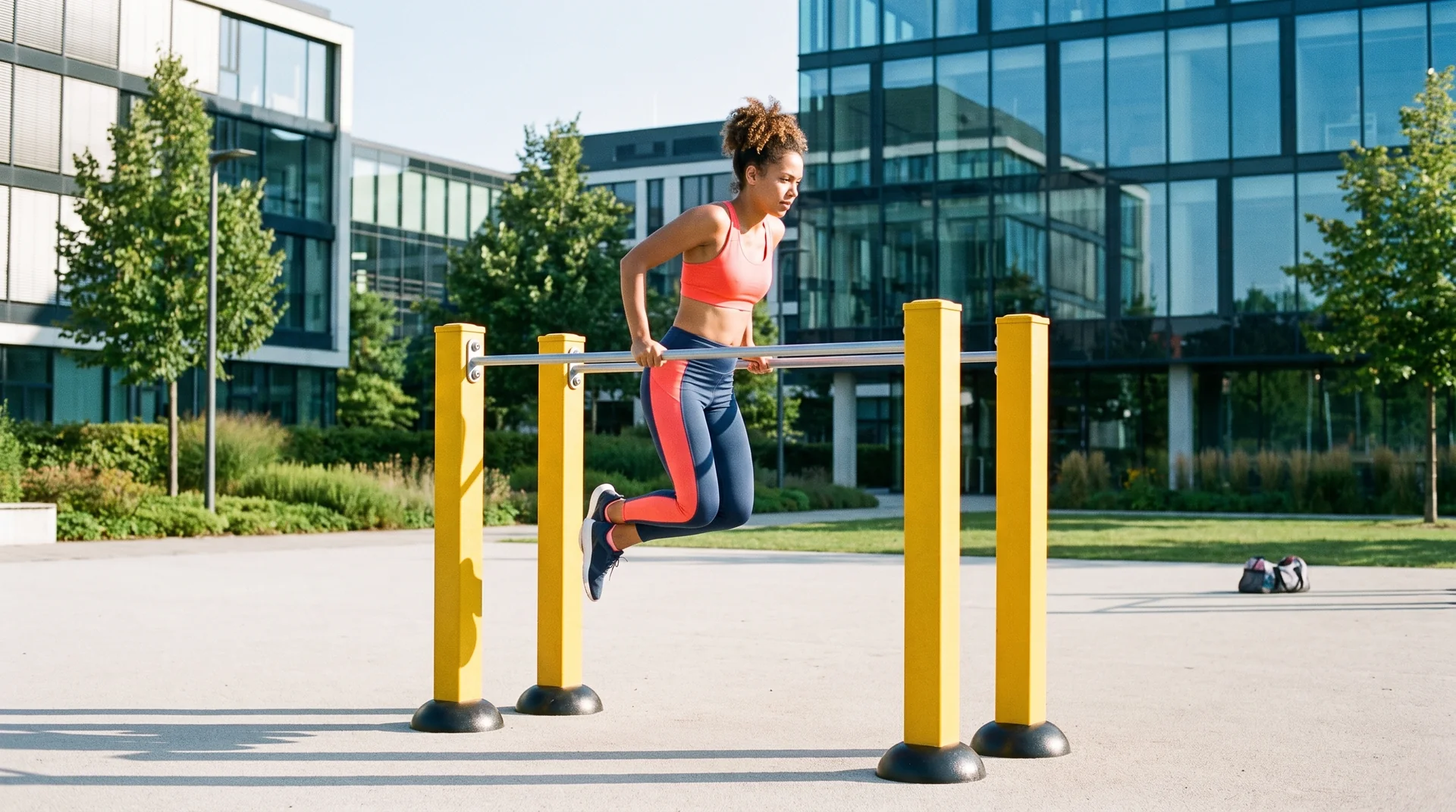 Illustration : étudiante utilisant des barres parallèles dans un espace sportif de campus