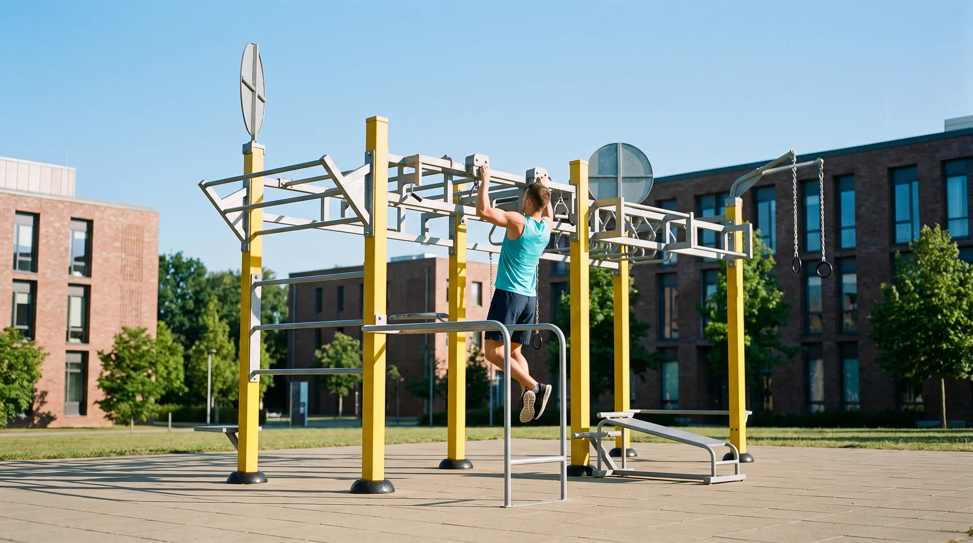 Illustration : entraînement sur une station de street workout au cœur d’un campus
