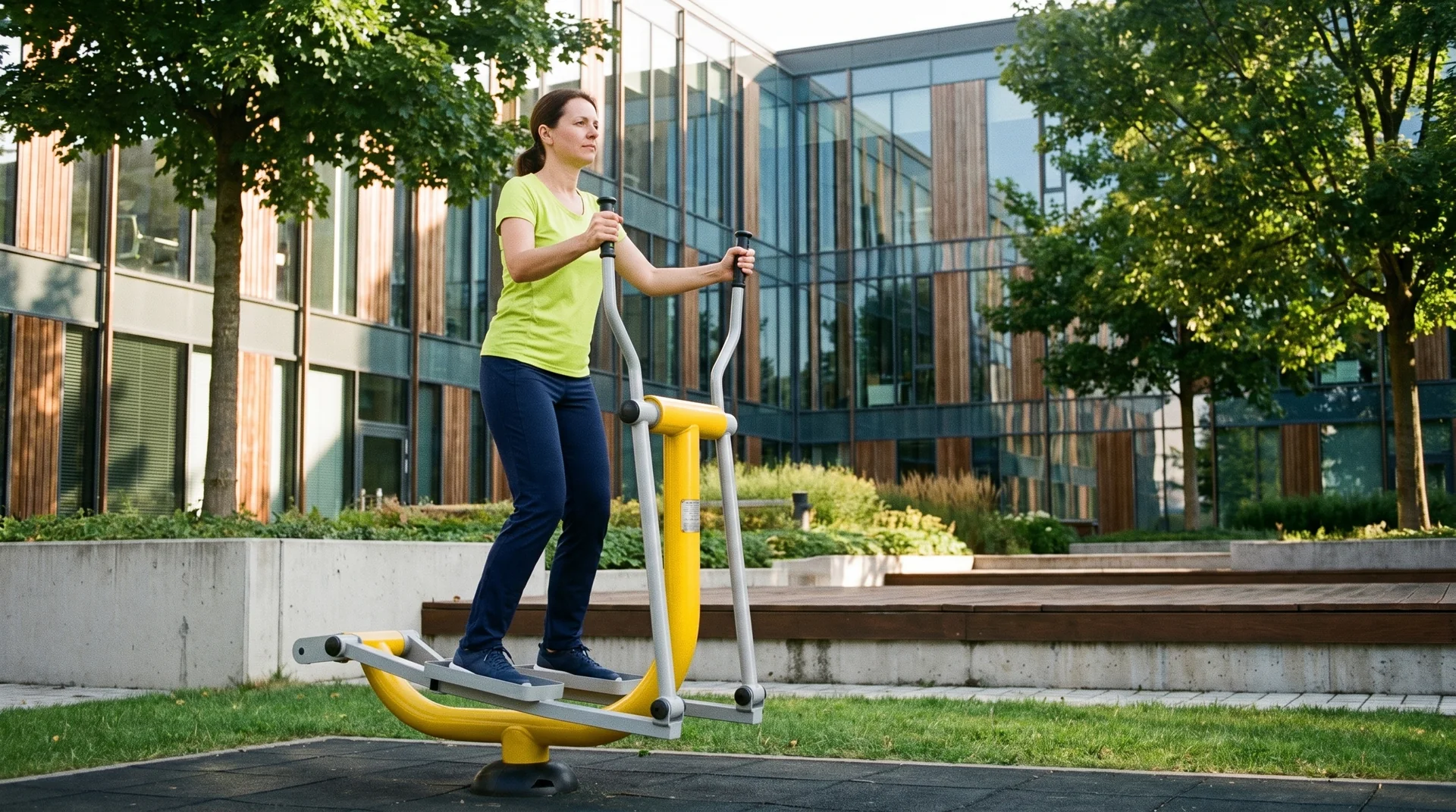 Illustration : pause active sur un vélo elliptique extérieur près de bureaux