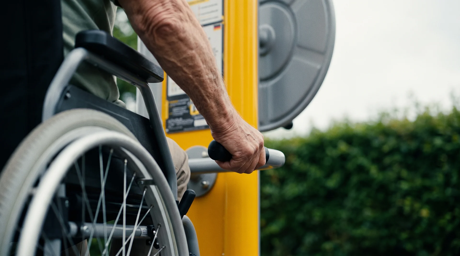 Illustration : poignée basse d’un équipement extérieur à portée d’une personne en fauteuil roulant