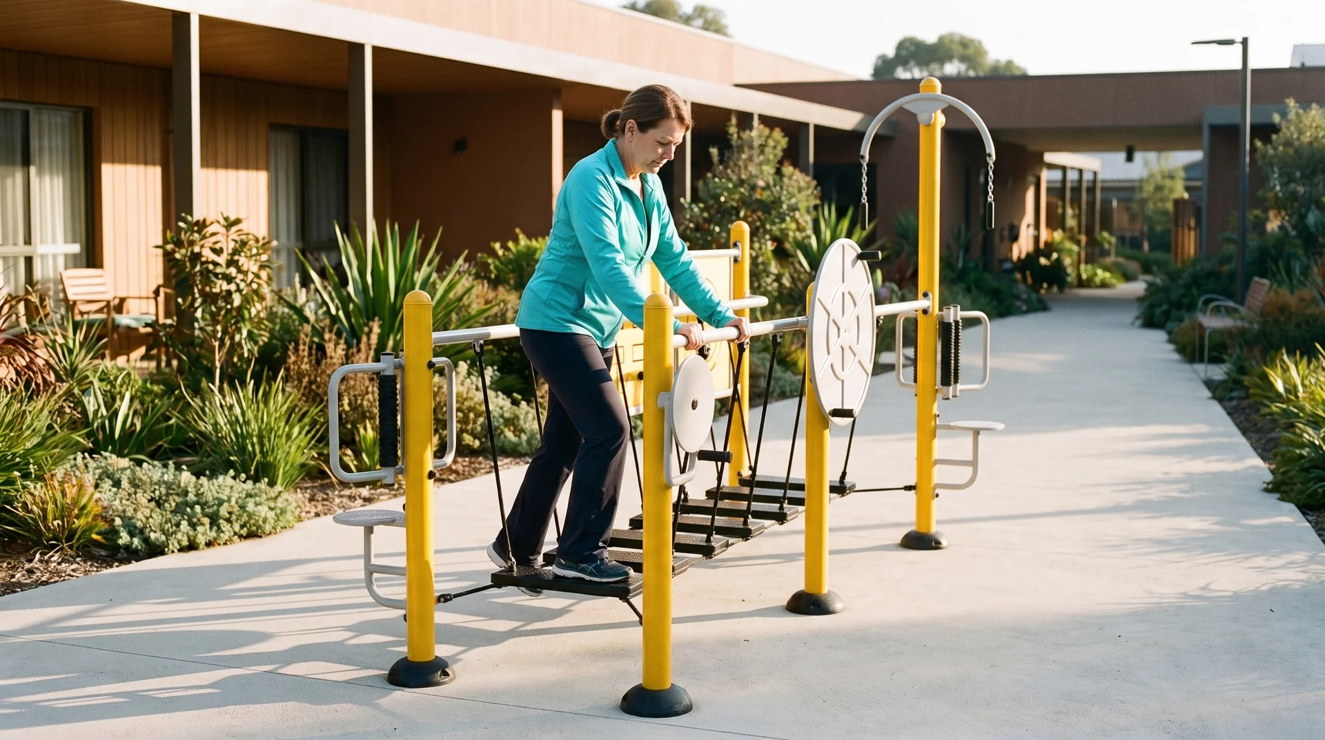 Illustration : exercice de mobilité sur une station d’équilibre dans un jardin d’établissement de santé