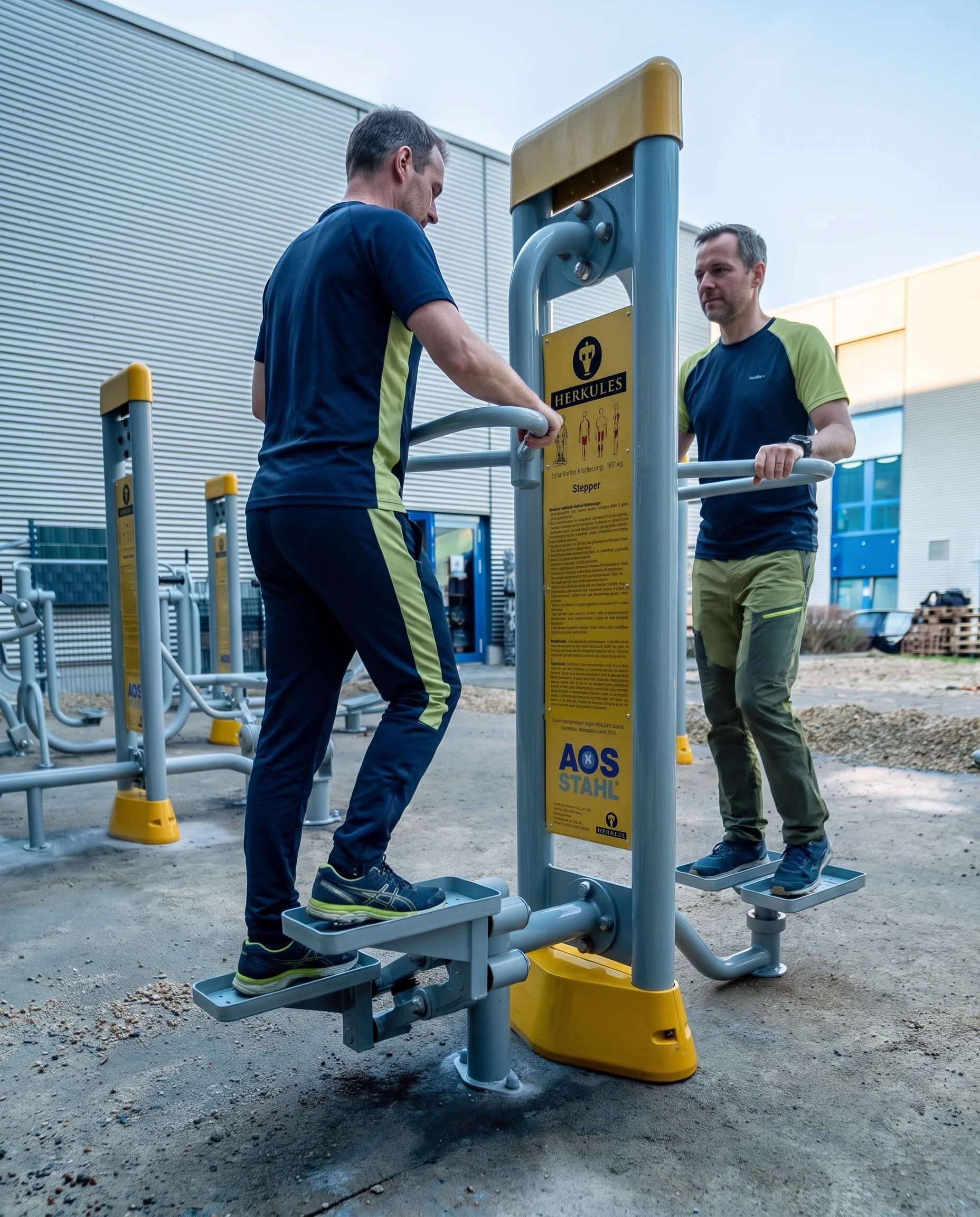 Illustration retouchée par IA : deux salariés utilisent un appareil de fitness sur le site AOS