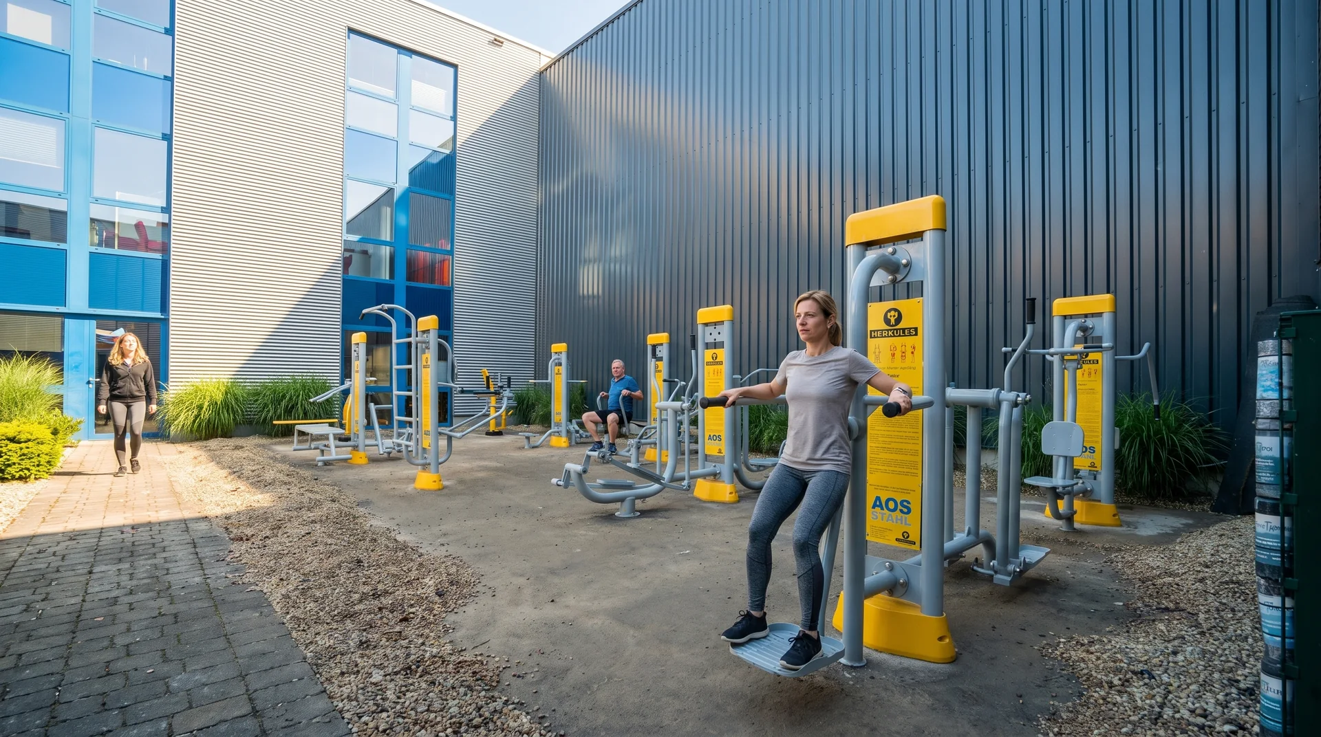 Illustration retouchée par IA : pratique du fitness devant des bâtiments industriels à partir d’une photographie AOS