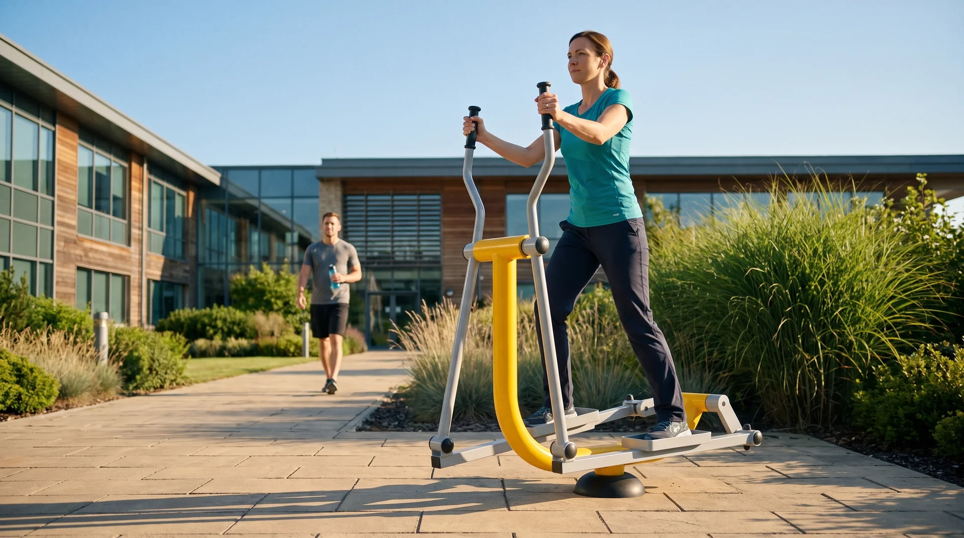 Illustration : pause active sur un vélo elliptique extérieur près de bureaux