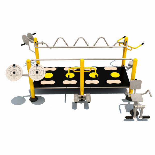 The mobility station allows seniors to strengthen their muscles with engaging equipment.