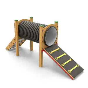 Tube - Parcours Agility Chien : module de passage couvert en HDPE, poteaux porteurs et vis protégées, vue 3D sur fond blanc