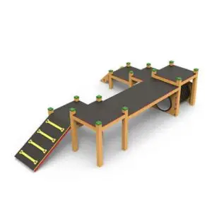 Dog Park 2 - Parcours Agility Chien : installation extérieure avec poteaux bois, acier galvanisé et modules HDPE, obstacles variés pour chiens, vue 3D