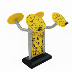 Marcheur de fitness extérieur pour enfants, structure en métal avec panneaux latéraux jaunes décorés d’un lion et d’un soleil, destiné aux aires de jeux - Herkules Fitness