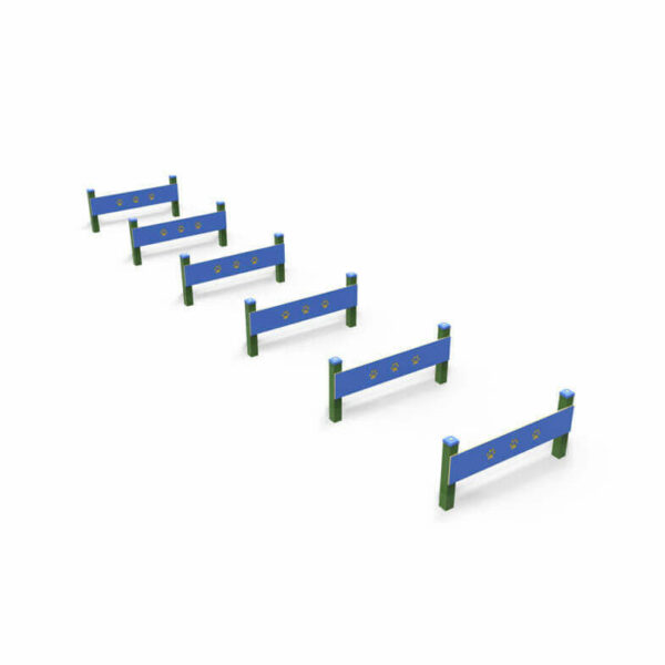 Obstacles Paws aligned for dog agility course, blue HDPE panels with imprints, green posts, 3D view on white background.