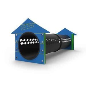 unnel Maison - Parcours Agility Chien : module de passage couvert en PEHD, façades bleues type maison, pour confiance et coordination (vue 3D)