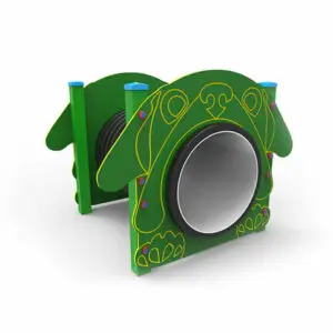 Tunnel Figiel - Parcours Agility Chien : module de passage couvert compact, tube HDPE et parois vertes décoratives, vue 3D sur fond blanc