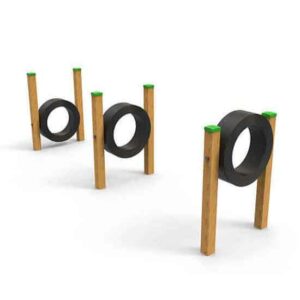 Triple Cerceau - Parcours Agility Chien : outdoor agility obstacle with three rings of varying heights, sturdy wood/steel structure, 3D view