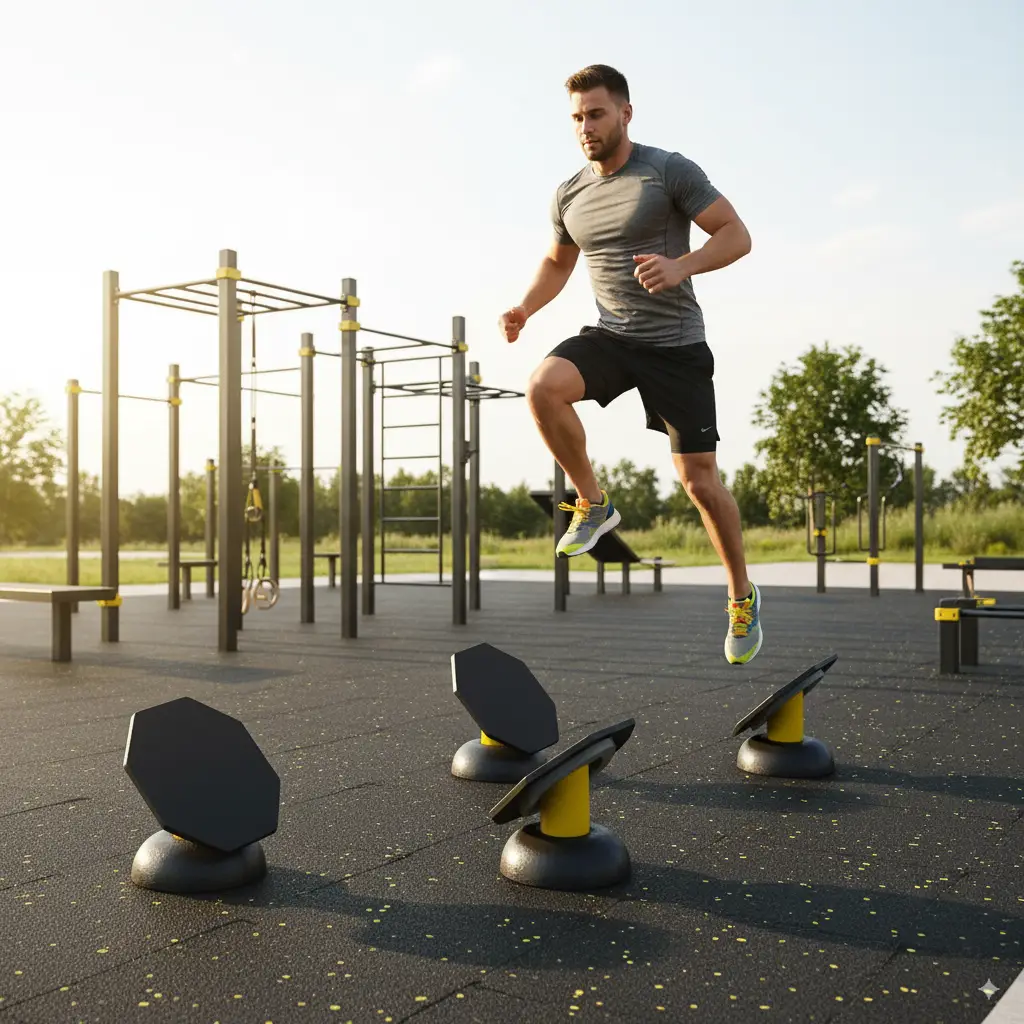 un homme sautant entre des steps inclinés d'un parcours ninja