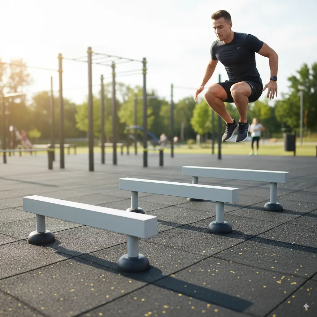 un homme sautant sur des poutres dans une aire de fitness extérieur
