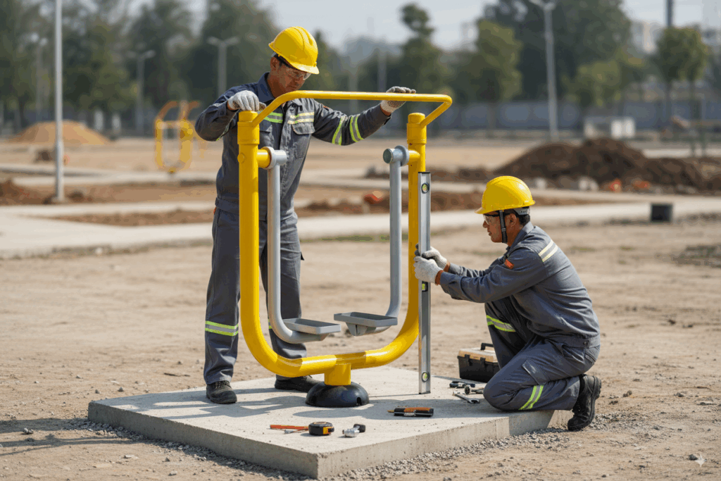2 professional fitters installing an outdoor fitness machine, walker