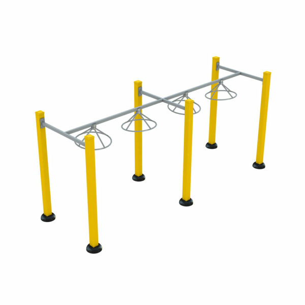Herkules NJA-02 Ninja outdoor obstacle, galvanized steel structure with suspended wheels for strength and agility training.