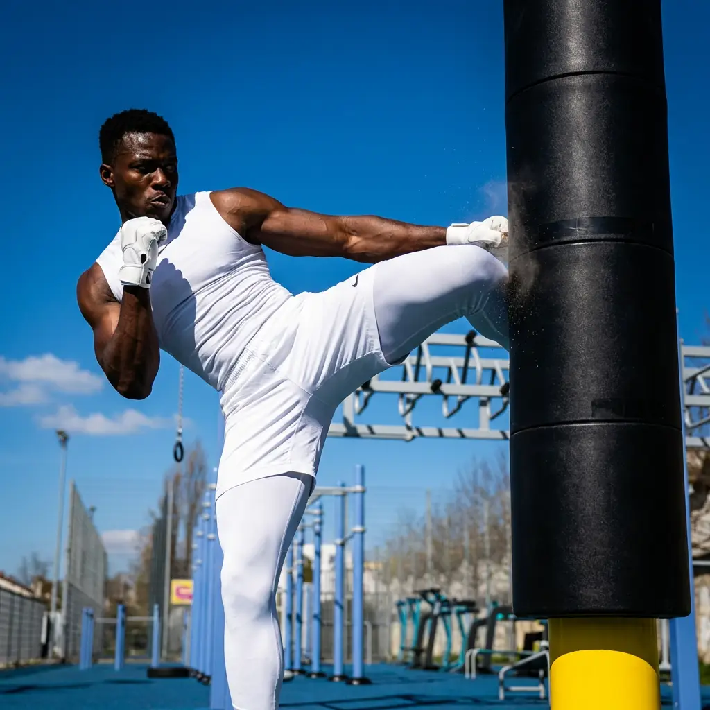 Mężczyzna kopiący zewnętrzny kickbox