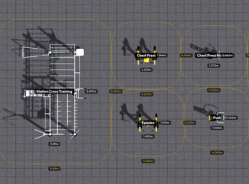 Plan 2D avec cotations et zones de sécurité