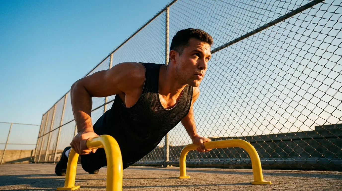 ilisant des barres à pompes dans une aire de fitness en extérieur