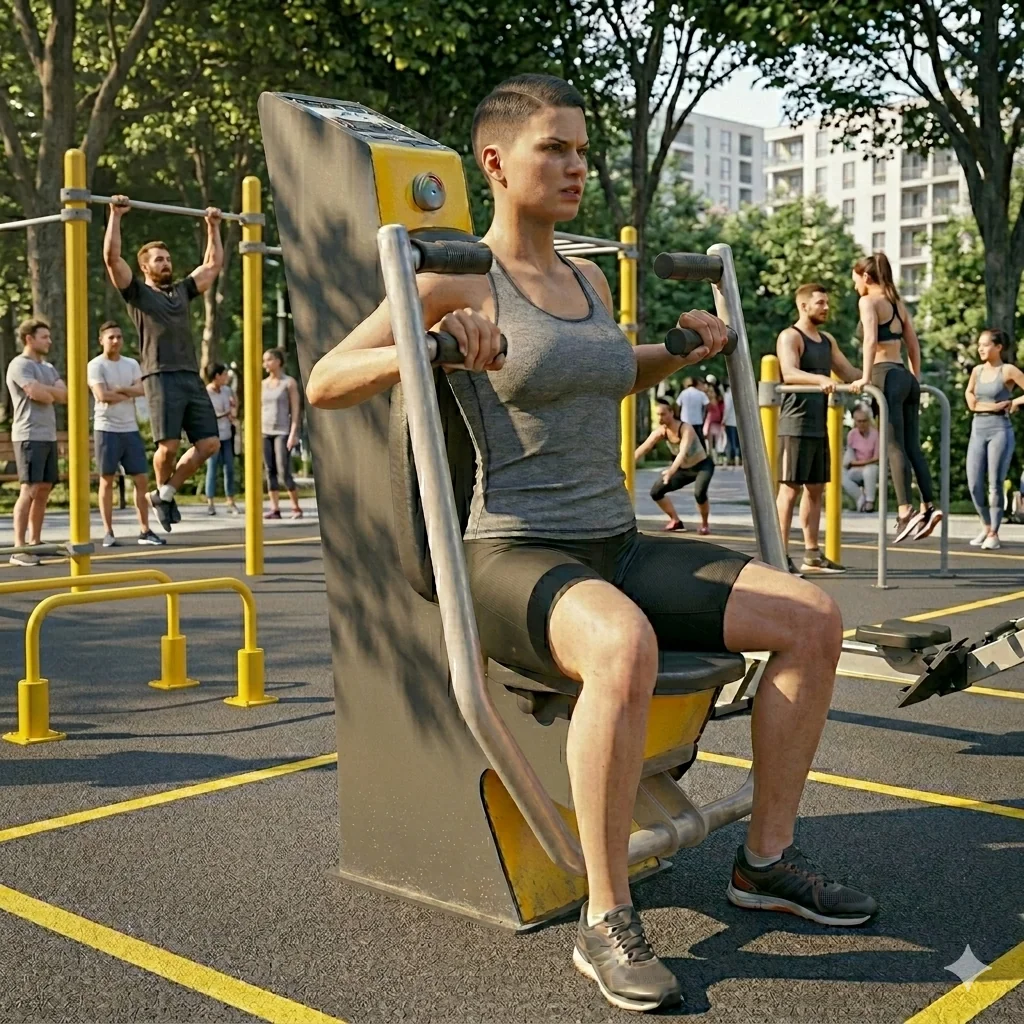 Woman doing a chest press in a street workout area  