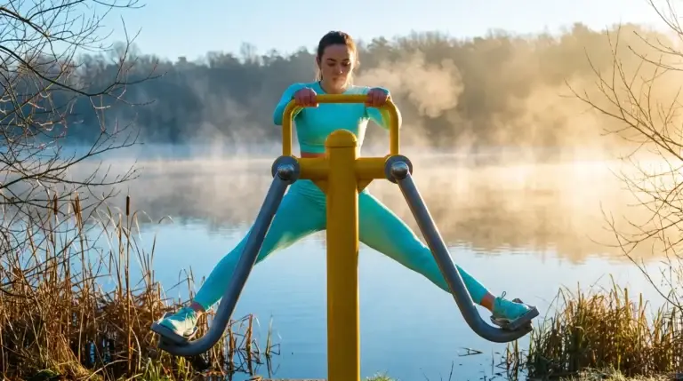femme utilisant un adducteur de fitness extérieur