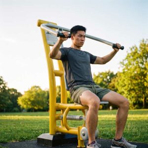 Jeune homme utilisant un appareil de chest press avec piston - musculation