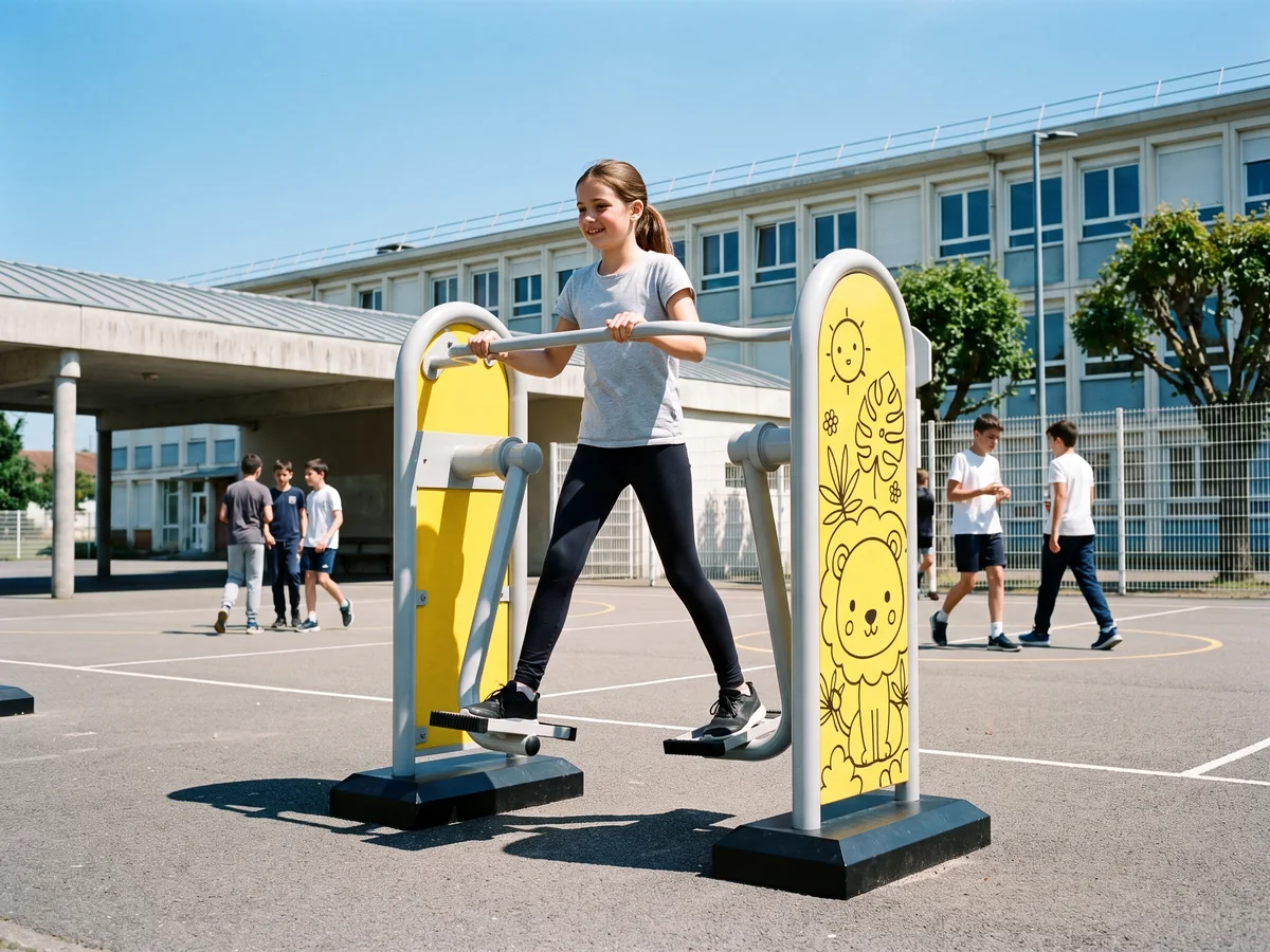 Collégienne utilisant un marcheur de fitness extérieur dans la cour de son collège