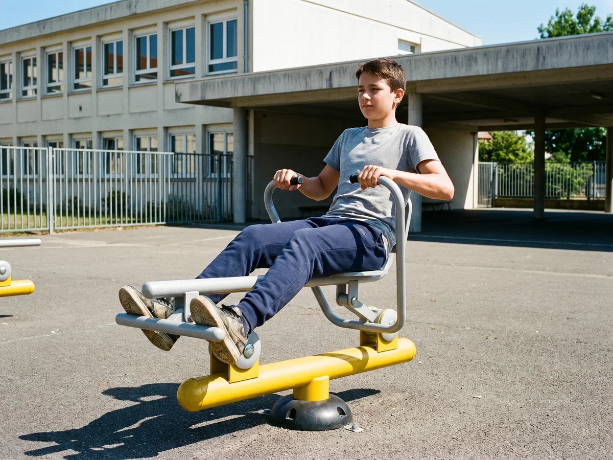 Rameur de fitness extérieur utilisé par un collégien