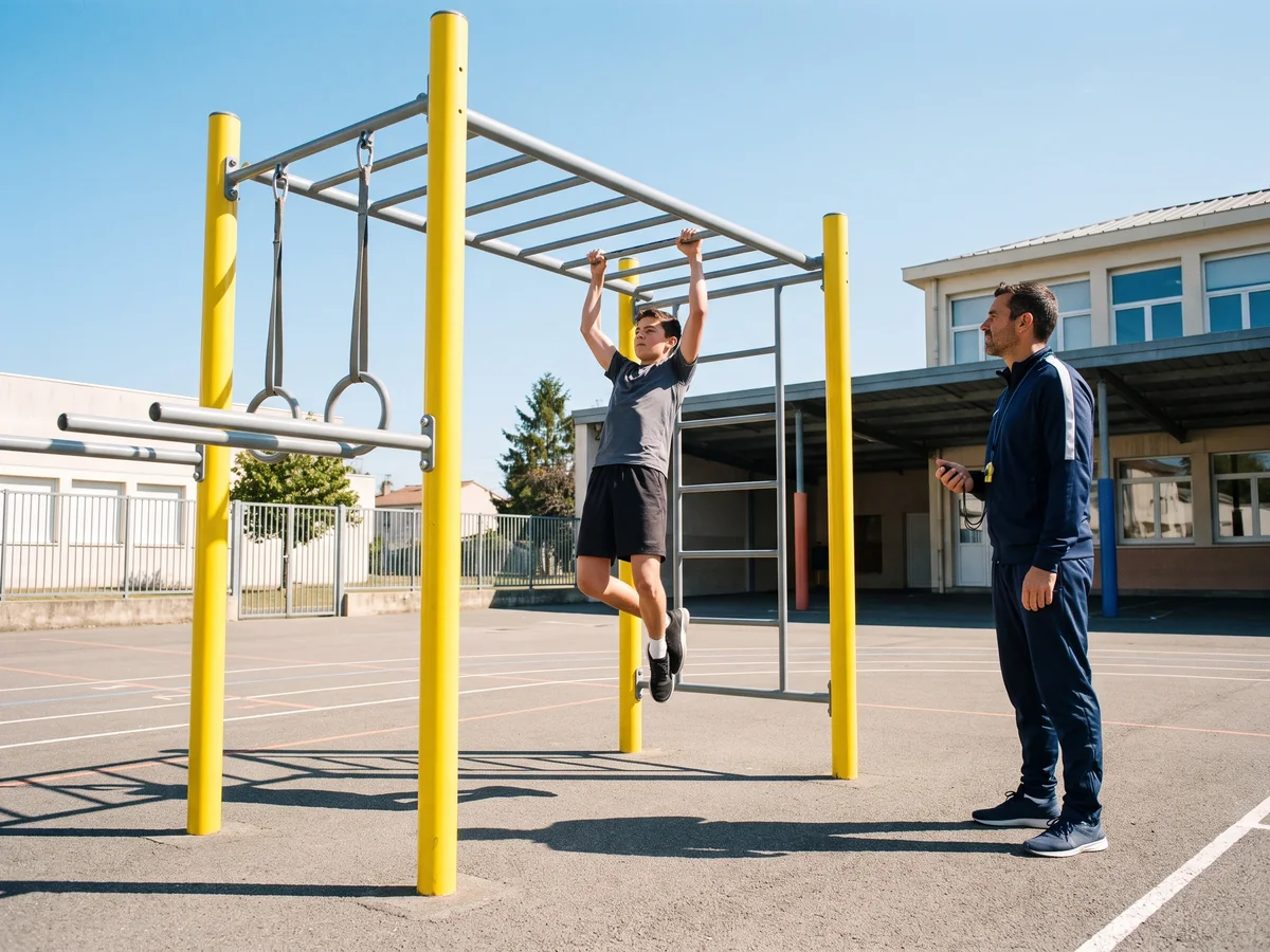 Séance d'EPS sur une station de cross training extérieure au collège