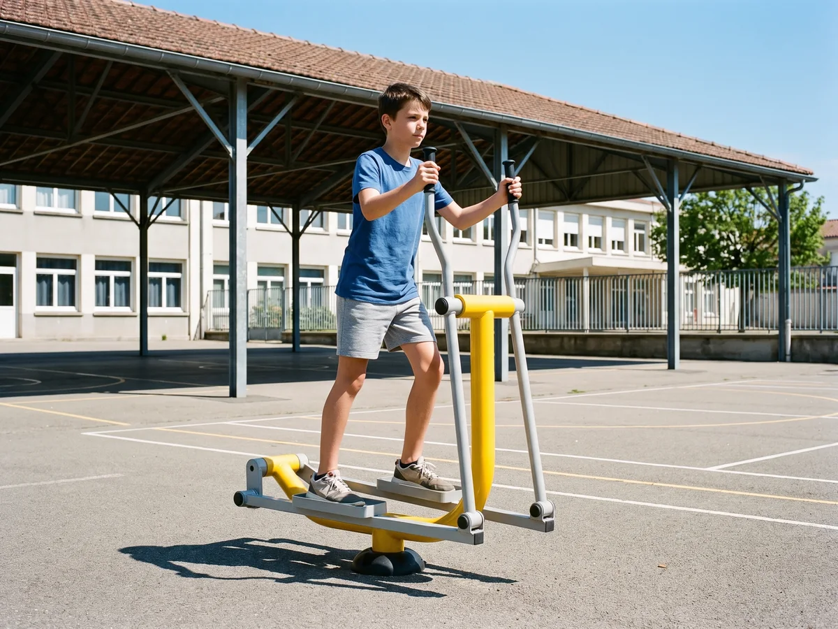 Vélo elliptique extérieur installé dans une cour de collège