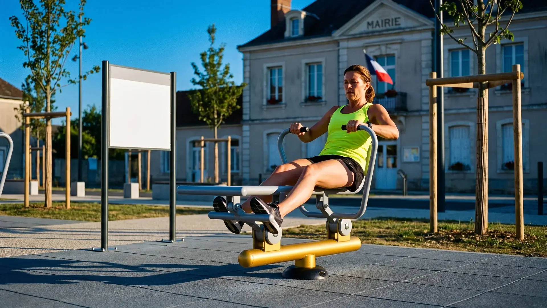 Aire de fitness extérieure d'une commune, mobilier sportif acheté par marché public