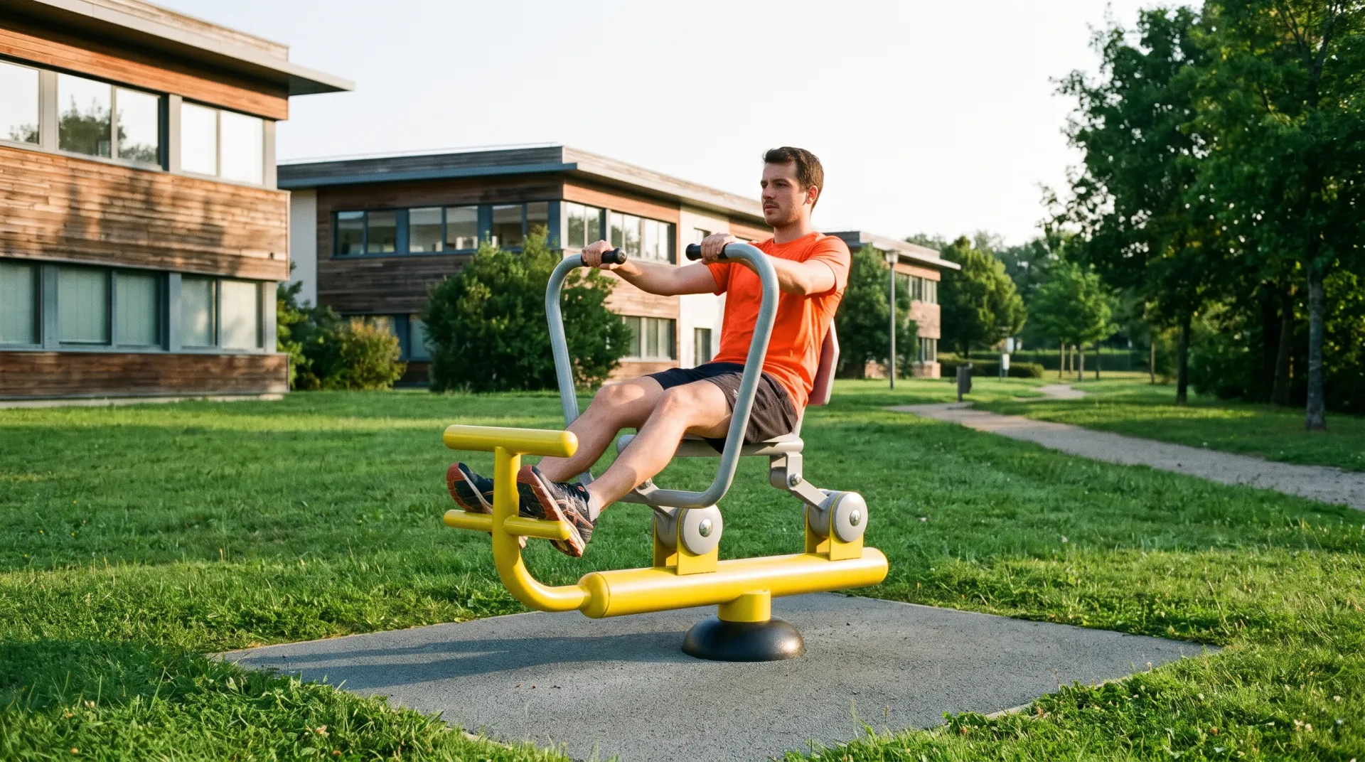 Salarié en tenue de sport sur un rameur extérieur jaune et gris, installé sur un sol amortissant au milieu de la pelouse d'un parc d'activités, devant des immeubles de bureaux