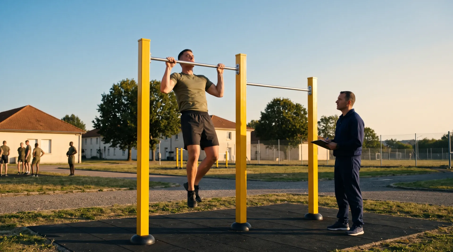 Test de tractions sur une barre de street workout Herkules Fitness, sur une aire d'entraînement militaire, avec un moniteur qui note les résultats
